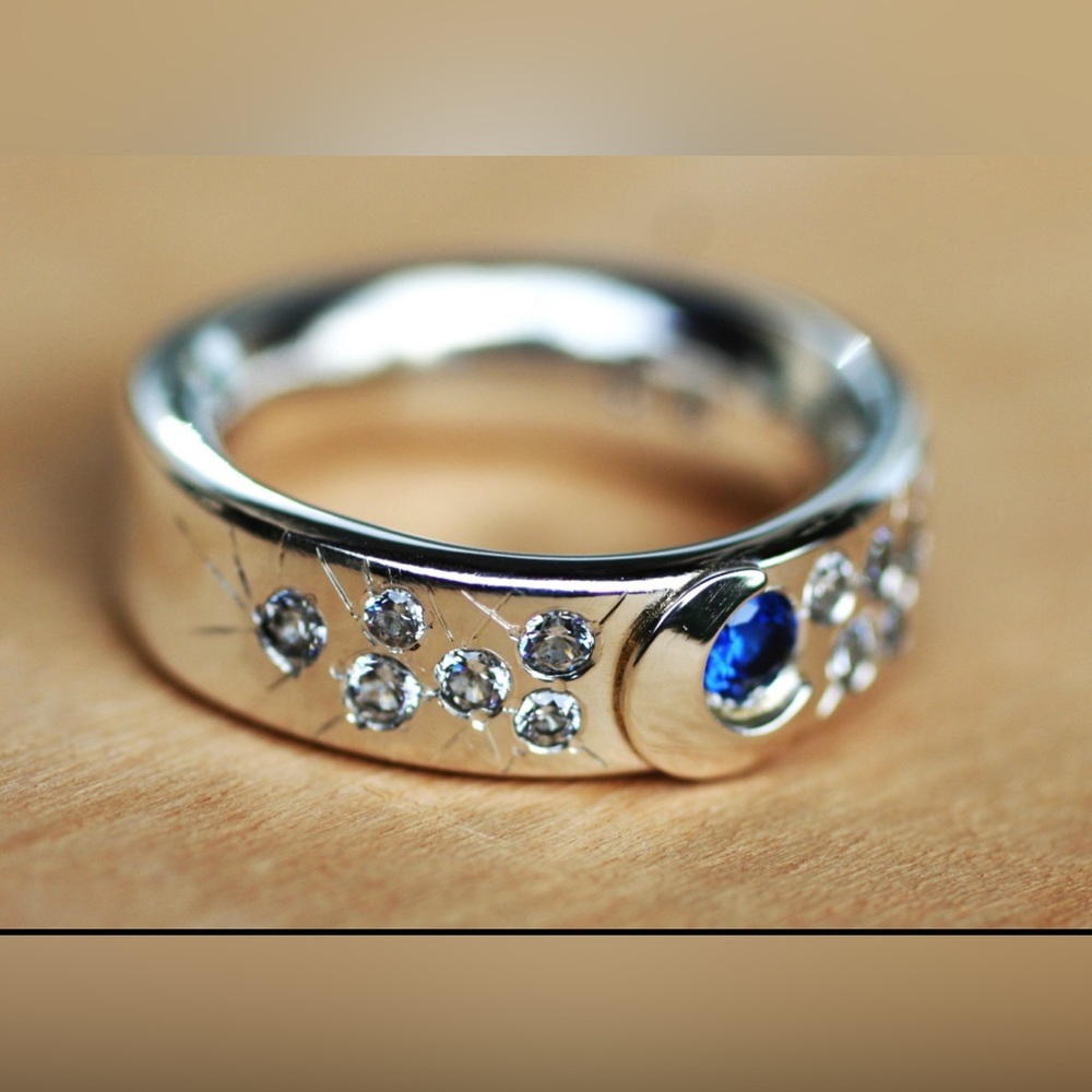 Custom ONE OF A KIND Silver Crescent & Stars Gemstone Ring